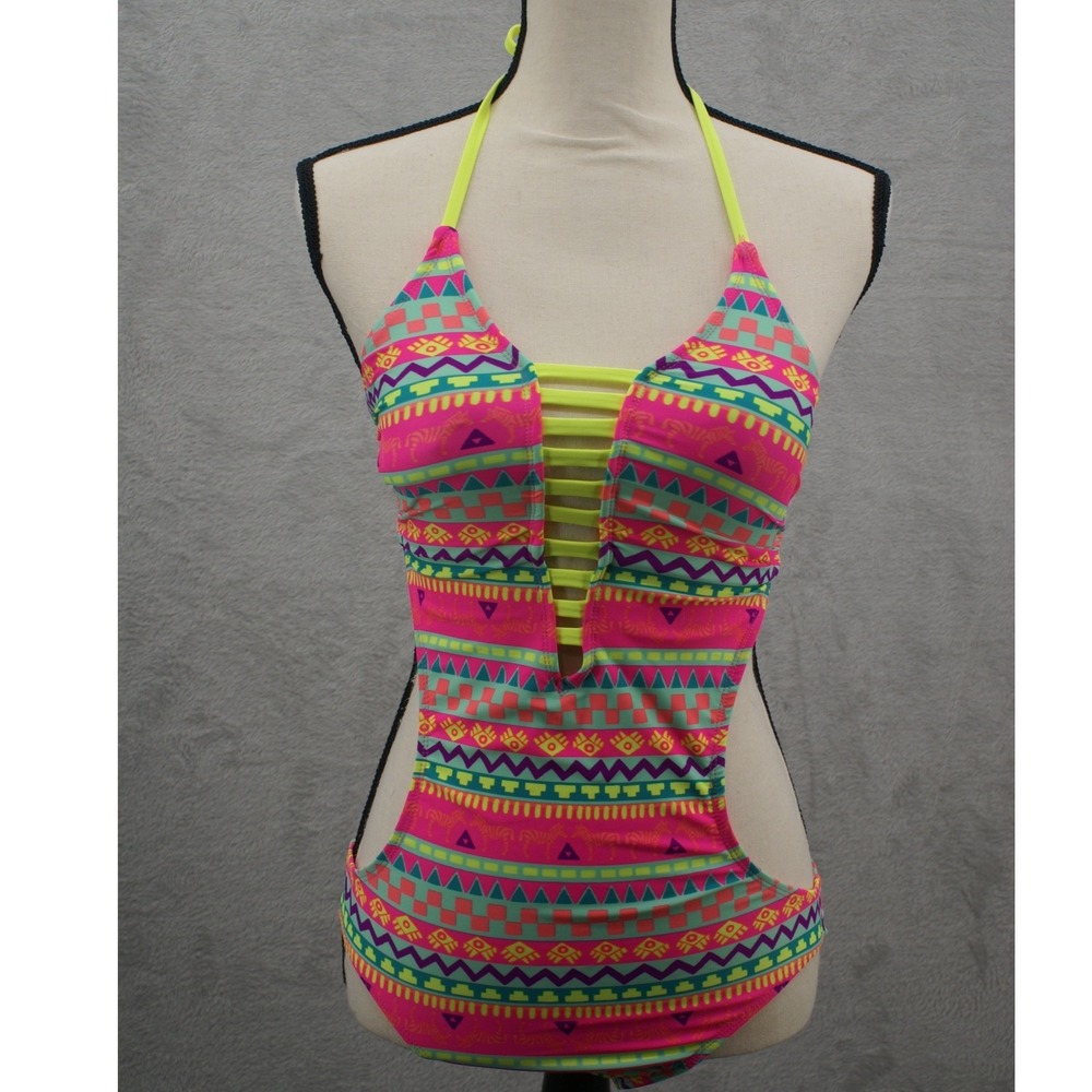 OP Ocean Pacific Womens Neon Tribal Print Monokini Cutout Swimsuit Multi M 7-9 - Picture 11 of 13